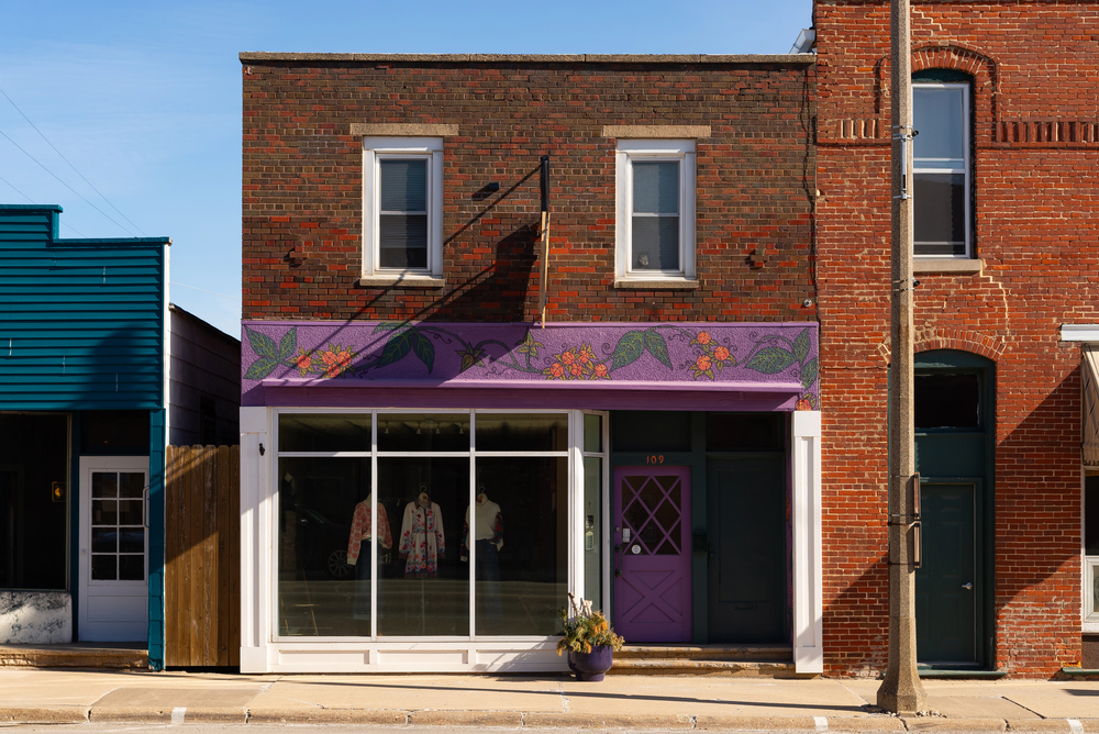 Downtown storefront on a brick building in Stockton, Illinois