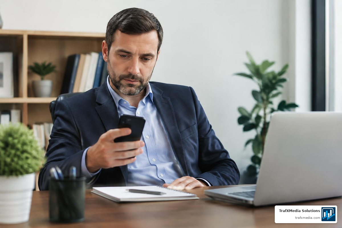 Accounting Firm Owner Updating a Business Profile on a Phone
