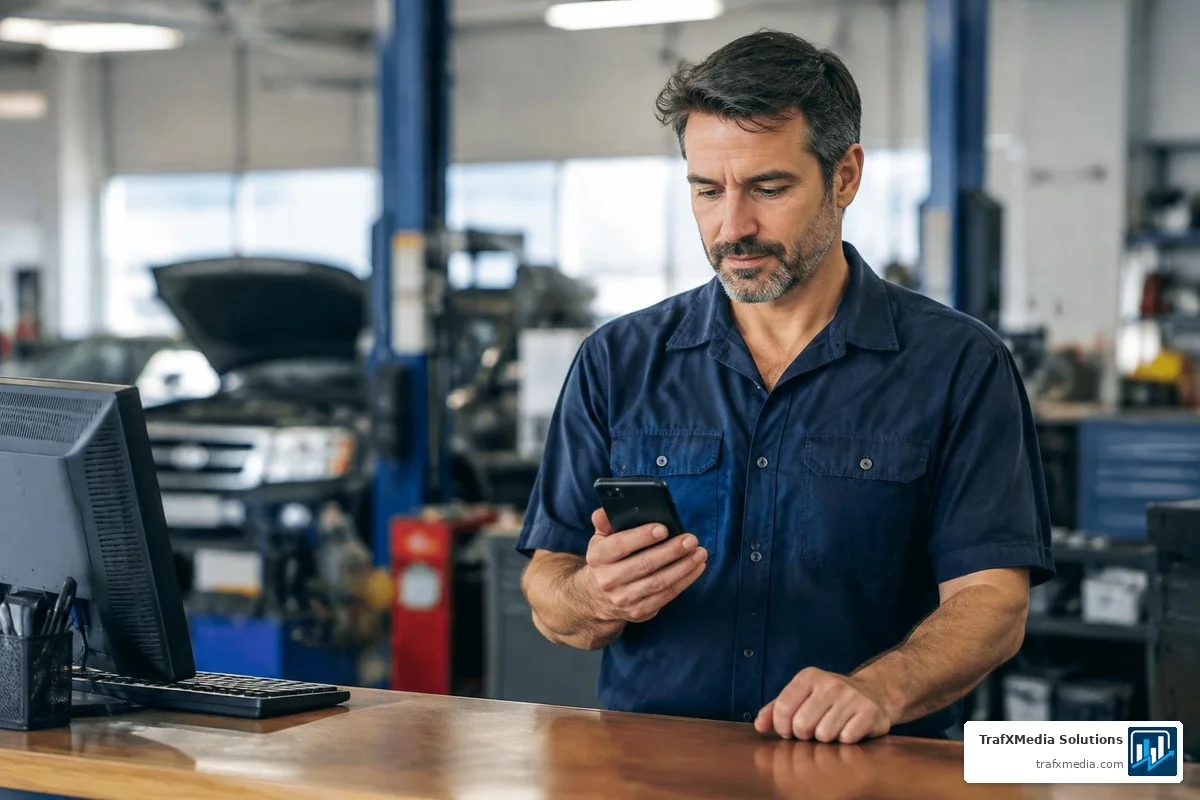 Auto Repair Shop Owner Updating a Business Profile on a Phone