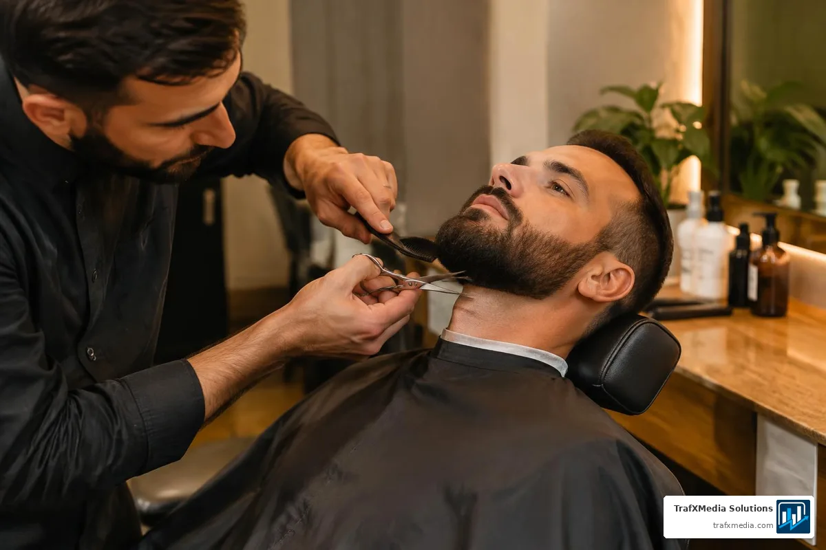 Barber Trimming a Client's Beard in a Salon Chair