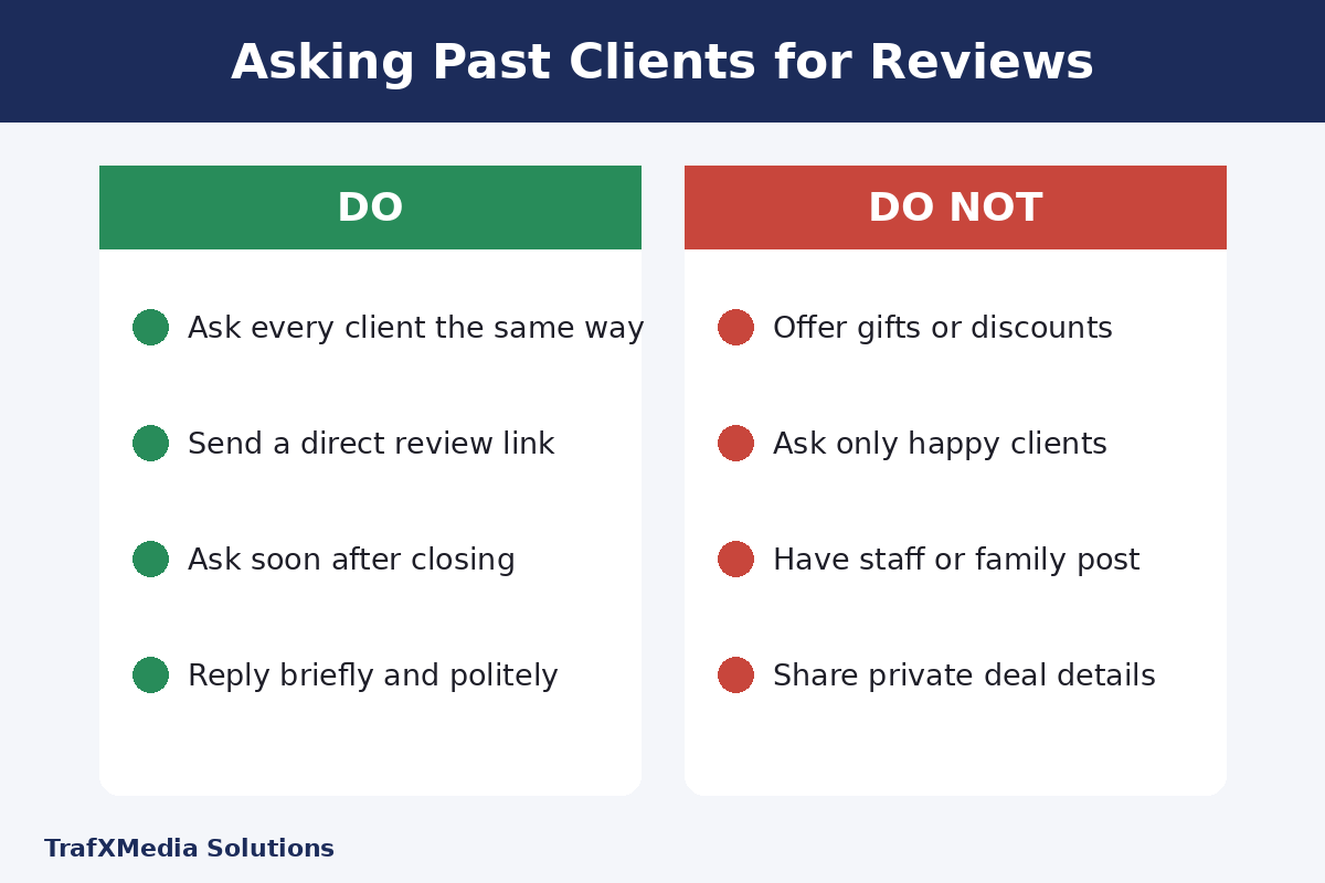 Do and do not list for asking past home clients for Google reviews