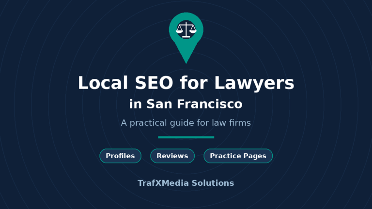 Local SEO for lawyers in San Francisco guide with a map pin and scales of justice