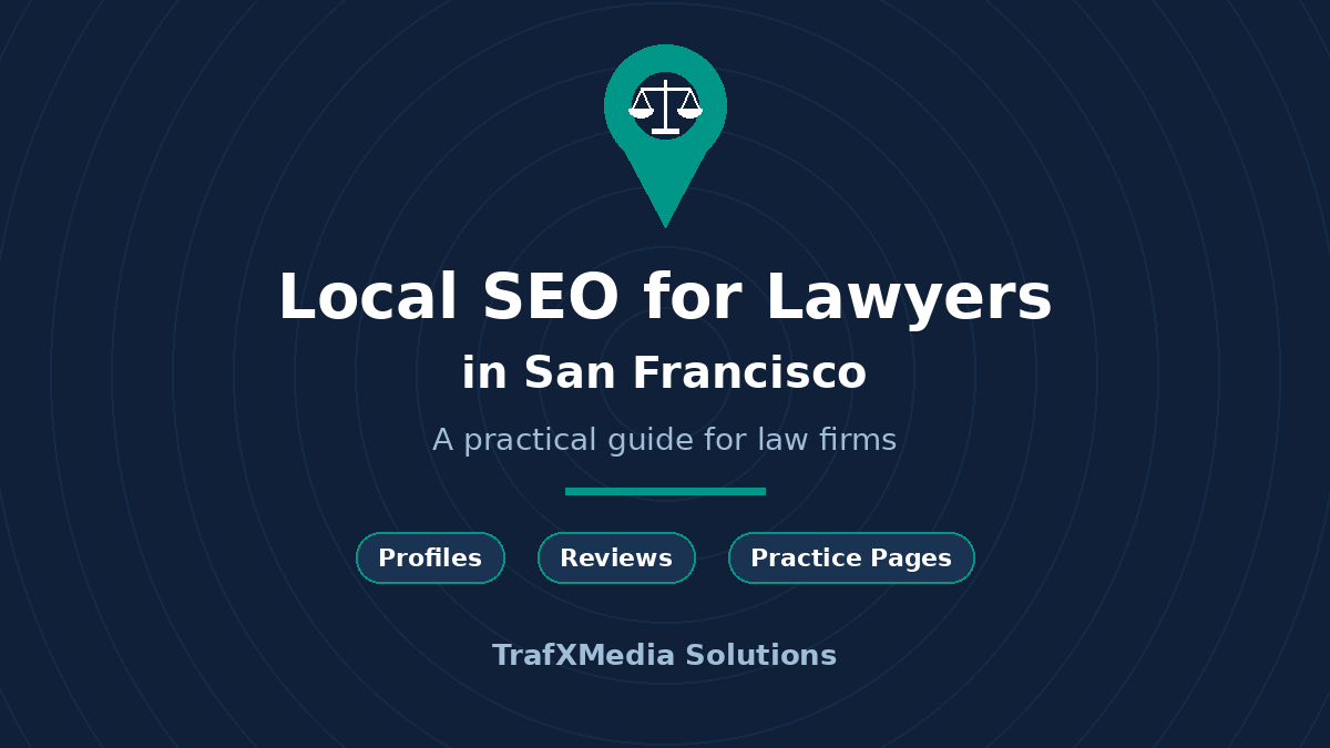 Local SEO for lawyers in San Francisco guide with a map pin and scales of justice