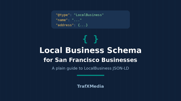 Local business schema for San Francisco businesses title graphic with a JSON-LD code motif