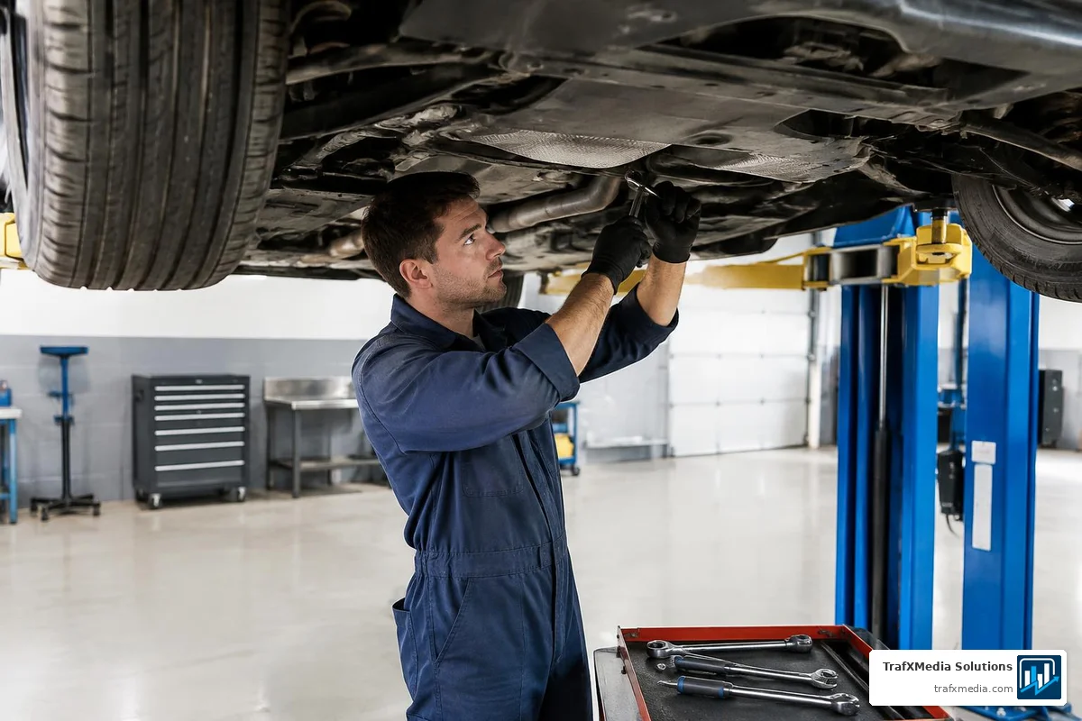 Mechanic Working on a Car in a Repair Bay