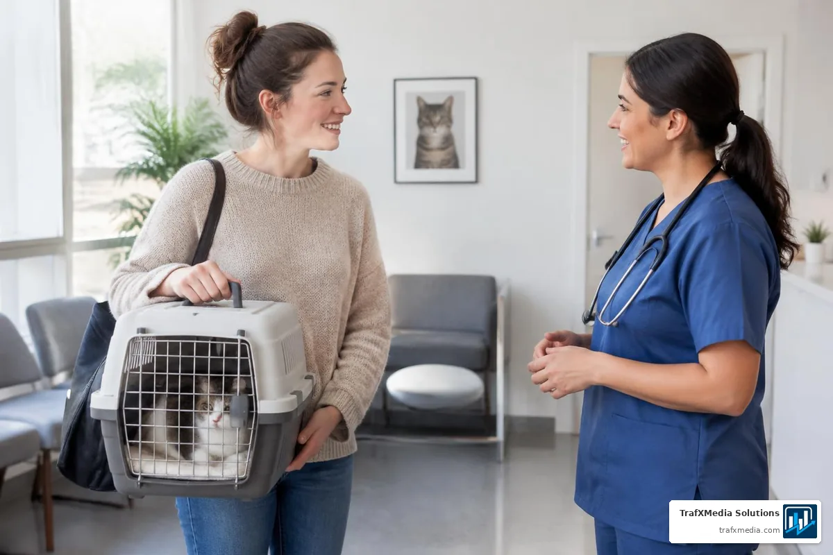 Pet Owner Talking With a Veterinarian in a Waiting Room
