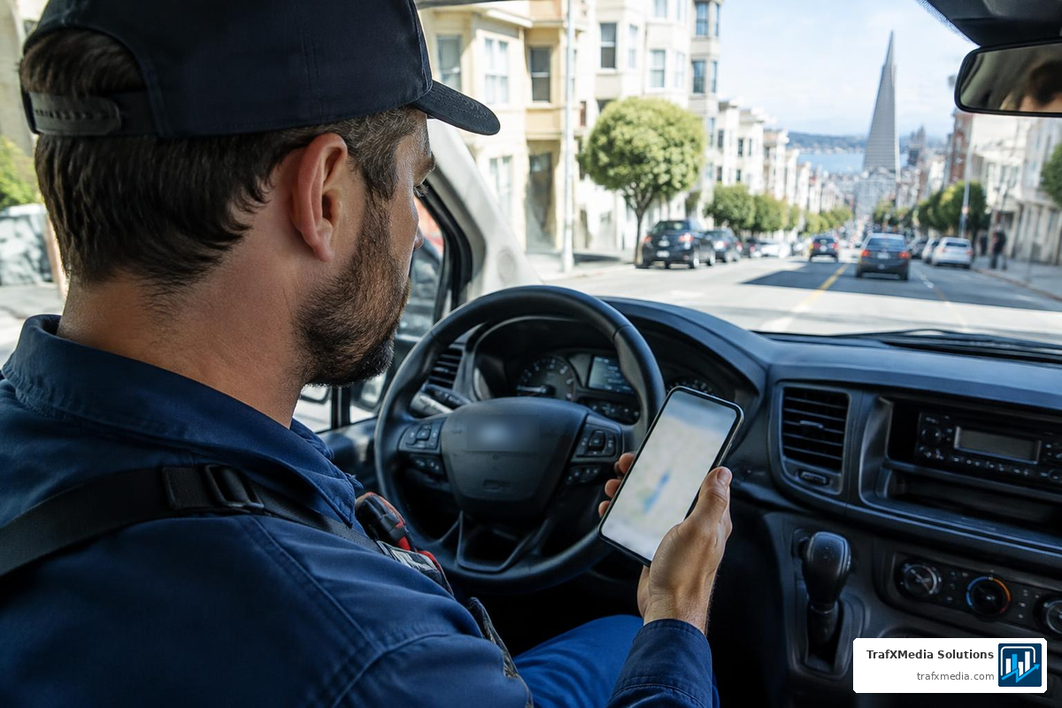 Plumber Checking a Google Business Profile on a Phone