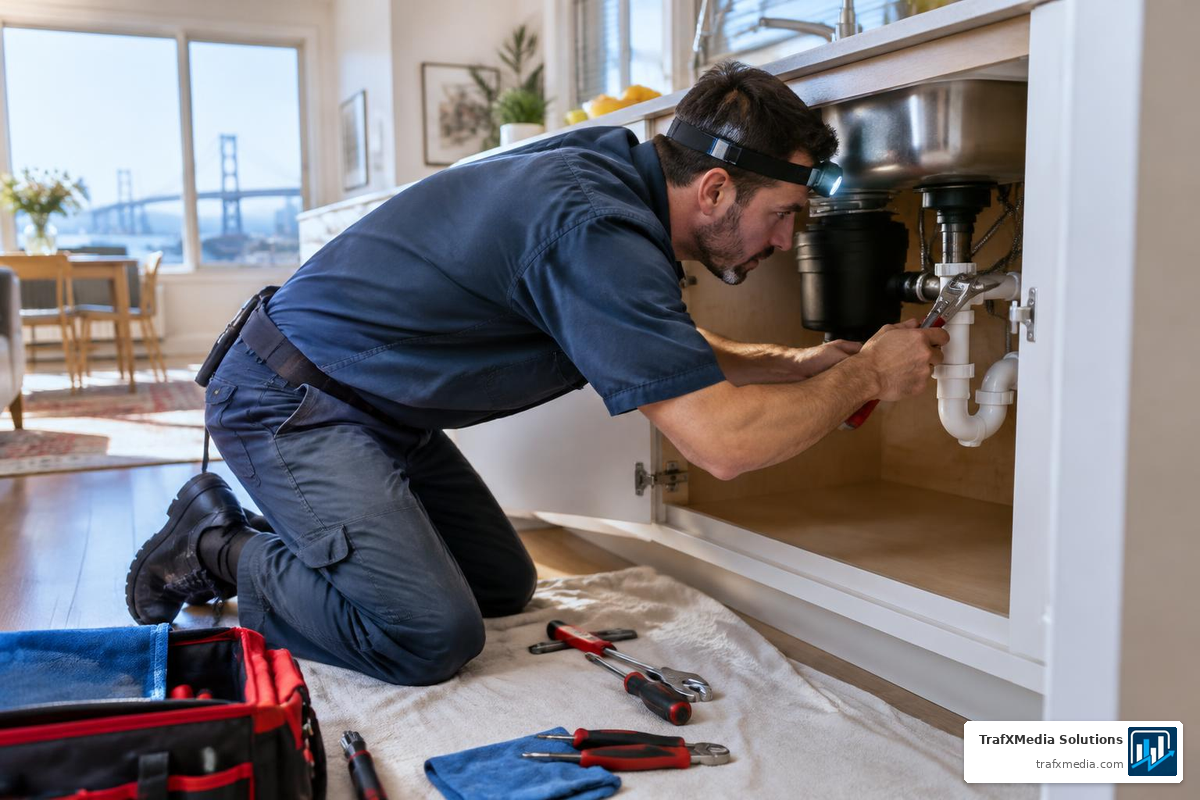 Plumber Repairing a Pipe Under a Kitchen Sink