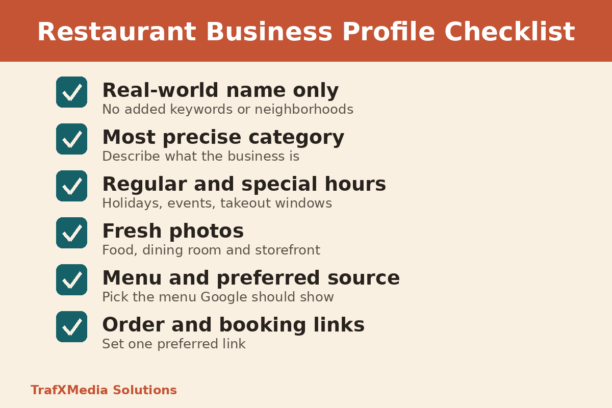 Restaurant Business Profile checklist covering name, category, hours, photos, menu and links