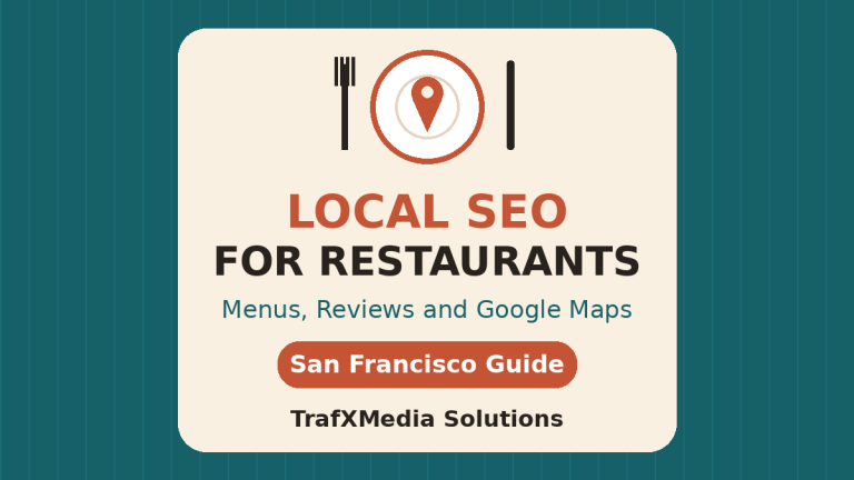 Plate with map pin and title Local SEO for Restaurants, San Francisco guide by TrafXMedia Solutions