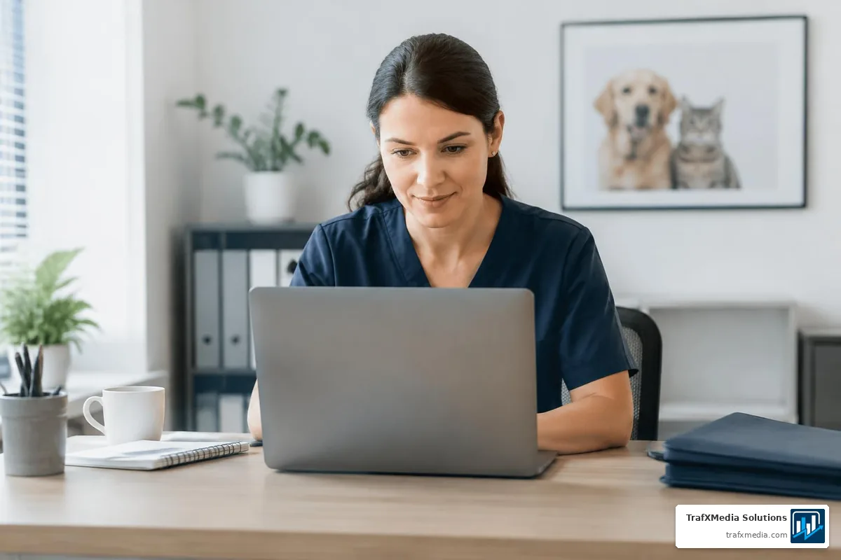 Vet Clinic Manager Updating a Business Profile on a Laptop